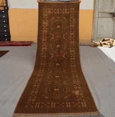 3x9 Soft Brown Afghan Turkoman Runner Rug with Subtle Tribal Guls– Vintage Nomad - Image 1 of 4