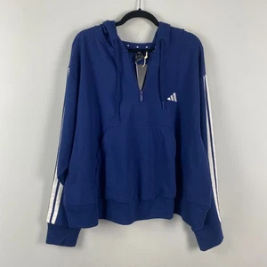 Adidas Felpa con Cappuccio 1/4 Zip Donna 3X Blu 3 Strisce French Terry Pullover - Foto 1 di 12