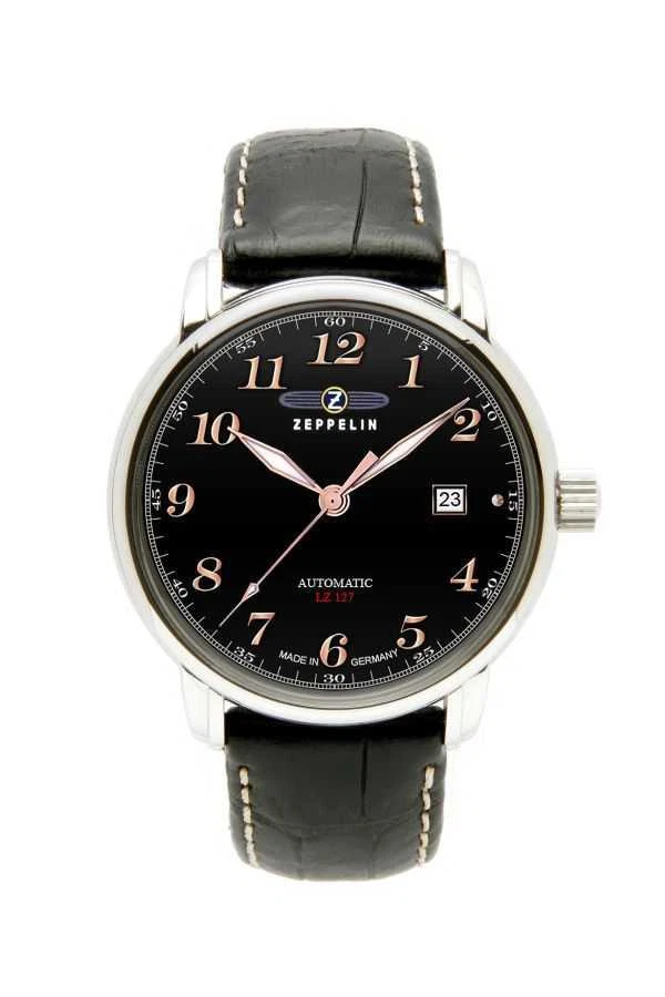 Zeppelin 7656-2 LZ127 Graf Zeppelin Automatikuhr Schwarz Lederband 40 mm - Bild 1 von 3