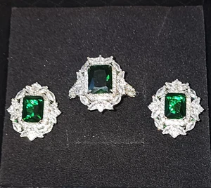 Simulated Emerald & Diamond Earring & Ring Jewelry Set Ring is size 9 and S925 - Picture 1 of 10