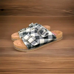 Blowfish Malibu FeelGoods Größe 9 cremefarben Büffel-Karo Doppelriemen Schnalle Sandalen  - Bild 1 von 9