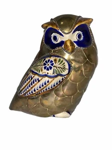 Decorative Detailed Mexican Folk Art Ceramic and Brass Owl Gold Blue White 6.5” - Picture 1 of 6