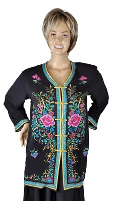 Blusa Diane Gilman Túnica de Seda Mandarina Dorada Anudada Botón Negra Floral Asiática M Foto 1 de 4