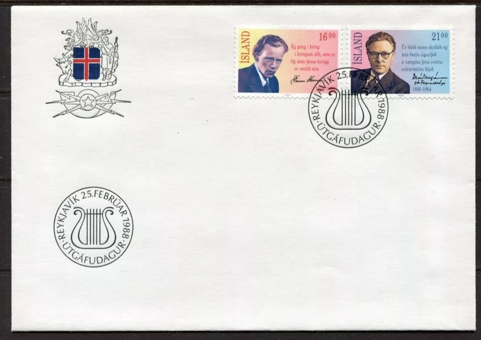 ICELAND 1988 POET DAVID STEFANSSON  SET  FDC +INFO BROCHURE UNADDR - Image 1 of 1