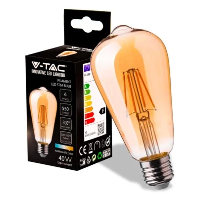 VTAC V-TAC Lampadina LED E27 6W ST64 Filamento Vetro Ambrato 2200K
