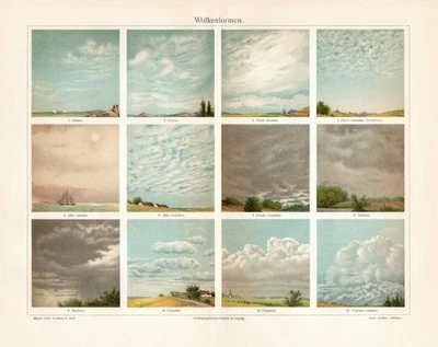 Wolkenformen historischer Druck Chromolithographie ca. 1908 antike Bildtafel - Bild 1 von 4