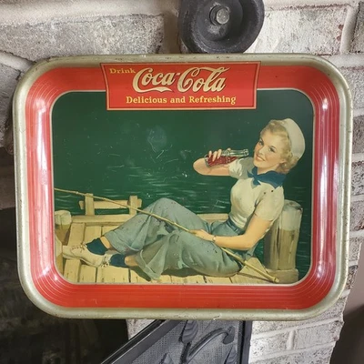 Vintage Original 1940 Coca-Cola Tin Advertising Tray "Sailor Girl" Fishing - Image 1 of 4