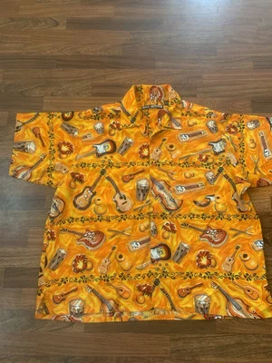 Camisa Hawaiana Box Office Island Guitarra Rock N Roll Naranja Talla 3X Abotonada Foto 1 de 4