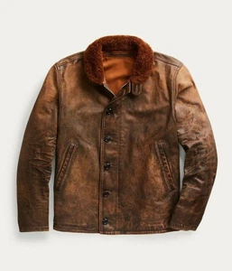 RRL Ralph Lauren Shearling Pelle Marrone Anticato Deck Jacket Uomo Medium M - Foto 1 di 6