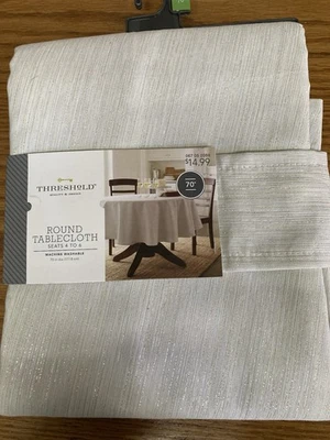 Threshold Natural Round Tablecloth 70 Inch Threshold Cream Gold Silver - Image 1 of 2