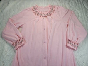 Smocked Housecoat Robe Pink Grandmacore Full Length Vtg Sz L Evening Sleepwear - Picture 1 of 11