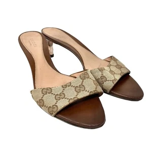 GUCCI Vintage GG Logo Monogram Sandals Heels #36.5 Brown Canvas Leather - Picture 1 of 12