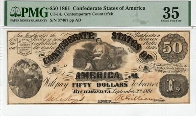 CT-14 64B 1861 $50 Contemporary Counterfeit CSA Paper Money- PMG Ch Very Fine 35 - Image 1 of 2