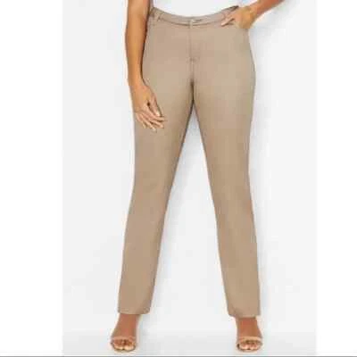 Calça elástica cetim Catherines perna reta cáqui bronzeado plus size 26W nova com etiqueta - Imagem 1 de 4