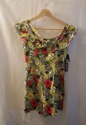 XOXO Romper Juniors Small Green Floral Print Off Shoulder Ruffle Sleeve Linen - Image 1 of 4