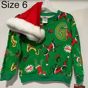 NEW Grinch Sweatshirt Kids 6 Christmas Shirt Long Sleeve Santa Hat Merry - Picture 1 of 6