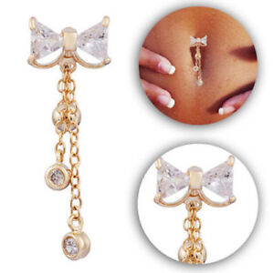 Cute Bow Belly Bars Drop Dangle Body Piercing Button Ring Crystal Gold Bar Navel