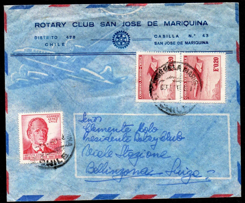 ROTARY CHILE TO SWITZERLAND Cover w/Advertising VF San Jose de Mariquina - Image 1 of 1