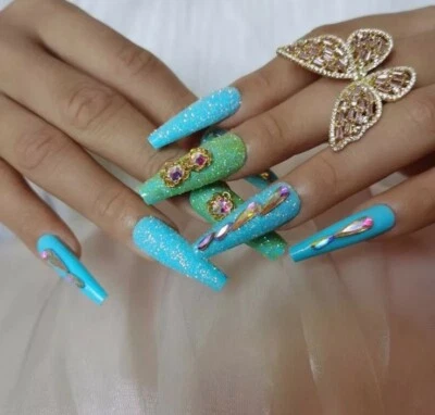 24pc Aqua Jewel Ombre Crystal Long Fake Nail Tips On False Press Artificial CN  - Image 1 of 4