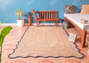 Beige With Navy Blue Border Living Room Décor, Hand Braided Scalloped Jute Rug - Picture 1 of 4