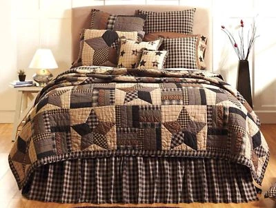 Hand Stitched Queen Country Quilt Black & Tan Strip Block Patchwork Bingham Star - Image 1 of 4