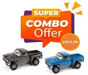 AUTOWORLD MUSCLE TRUCK 2PC BUNDLE 1/64 CHEVY SILVERADO STEP-SIDE GREYSTONE/BLUE - Picture 1 of 7