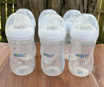 Menge 6 AVENT Kunststoff Säuglingsnahrung Baby Flaschen 9 Unzen mit Kappen - Bild 1 von 4