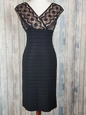 Adrianna Papell 4 Black Surplice Floral Lace Sleeveless Tiered Back Zip Dress - Image 1 of 4