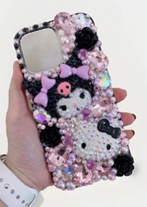 Coque téléphone Kitty rose noir gothique strass - Photo 1 sur 1