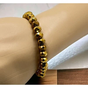 Gold Tone Faceted Bead Stretch Bracelet Vintage Metallic Beads - Picture 1 of 6
