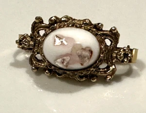 CZECH GLASS CABOCHON STONE SCARF CLIP SLIDE WHITE GOLD CONFETTI PINK VINTAGE EUC - Picture 1 of 9