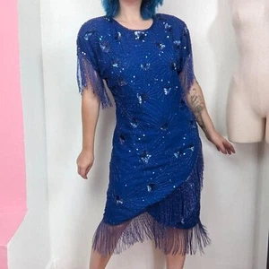 Vintage 80s Blue Sequin & Beaded Fringe Party Dress - Picture 1 of 10