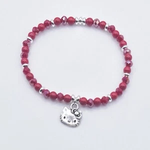 Hello Kitty Bracelet with Red Crystal, Glas Beads, Silver-Plated Stretch Design - Picture 1 of 2