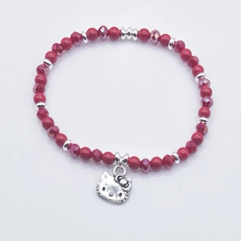 Pulsera Hello Kitty con Cristal Rojo, Cuentas de Cristal, Diseño Elástico Plateado Foto 1 de 2