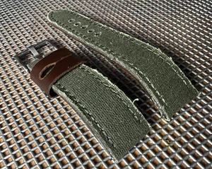 22mm GREEN Canvas/Leather watch band Strap DARK BROWN leather Keep And Bottom - Picture 1 of 11