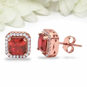 Cushion Natural Garnet & Diamond Halo Gatsby Stud Earring 14k Solid Rose Gold - Picture 1 of 9