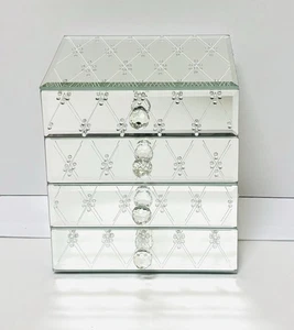 BELLA LUX Max Studio 4 Drawer Jewelry Trinket Vanity Box Mirror Glass Crystal - Picture 1 of 8