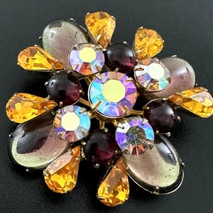 Vintage CORO Rhinestone Brooch Amber Rhinestones Aurora Borealis SIGNED #26 - Picture 1 of 9