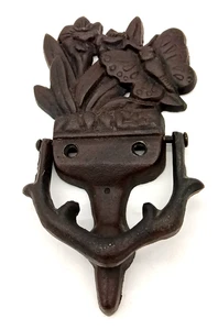 Vtg Rustic 6" Cast Iron Door Knocker - Butterflies and Flowers Farmhouse Decor - Picture 1 of 6