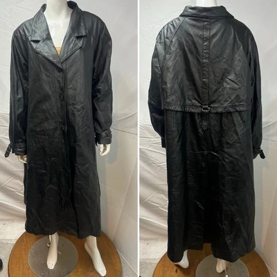 Venezia Vitale Women’s Plus 22W Long Black Leather Trench Coat Vintage Goth Punk - Image 1 of 4