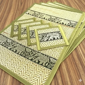 Thai Papyrus Green Platemat Coaster Luxury Dinning Handcraft Easy Clean 8pcs/set - Picture 1 of 15