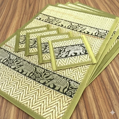Thai Papyrus Green Platemat Coaster Luxury Dinning Handcraft Easy Clean 8pcs/set - Image 1 of 4