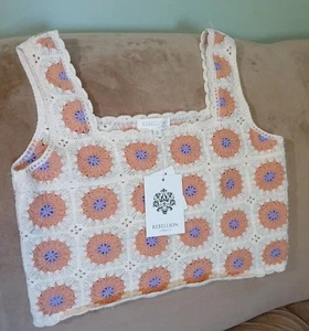 Rebellion Crochet Small Tank Top Boho Patchwork Crop Open Weave Ivory Knit  - Picture 1 of 3