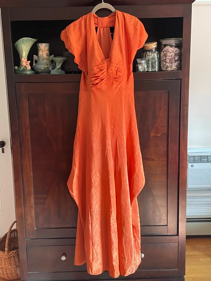 1930s Orange Moire Taffeta Bias Cut Halter Evening Gown Full Length Handmade - Image 1 of 4