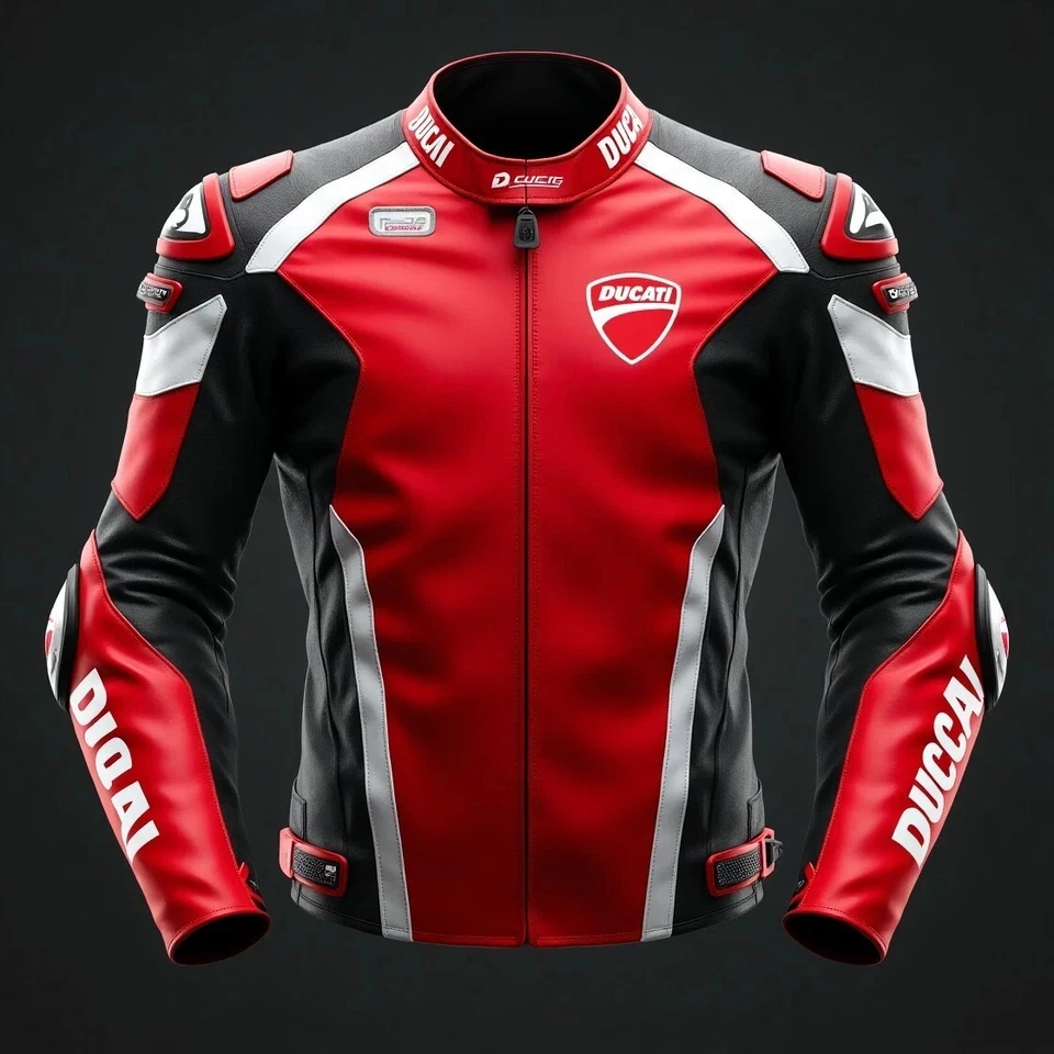 Red, Black & White Ducati MotoGP-Inspired Motorcycle Racing Leather Jacket - Image 1 of 3