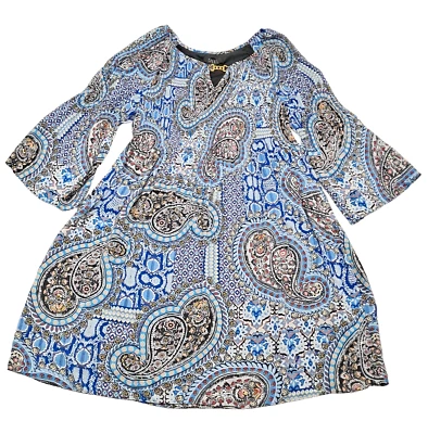 Vestido Spense Gauzy Azul Paisley Talla 8 Cuello Cerradura Manga Campana Arrugada Boho Foto 1 de 4