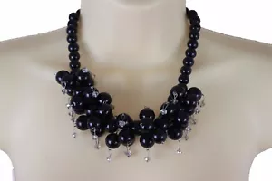 New Women Silver Metal Short Necklace Black Beads Balls Fashion Jewelry Bling - Picture 1 of 12