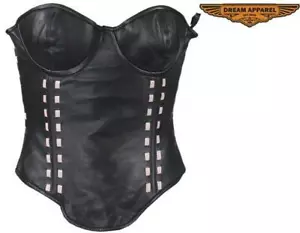 Sujetador Corsé de Cuero de Piel de Cordero Negro Tazas Rosa Tejido Alambre Nailon Encaje - Imagen 1 de 5