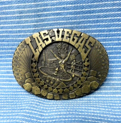 Las Vegas Belt Buckle Showgirl Gambler Boxing Dice Cards Vtg 80s PBB SFCA.GTA797 - Image 1 of 4