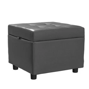 Tufted Leather Square Flip Top Storage Ottoman Cube Foot Rest Grey with Storage - Picture 1 of 6